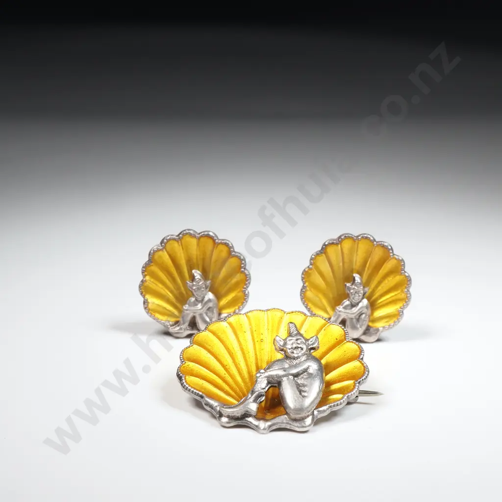 Art Deco Cornish Pixie Yellow Guilloche Enamel on Silver Brooch Earring Set Image 1++