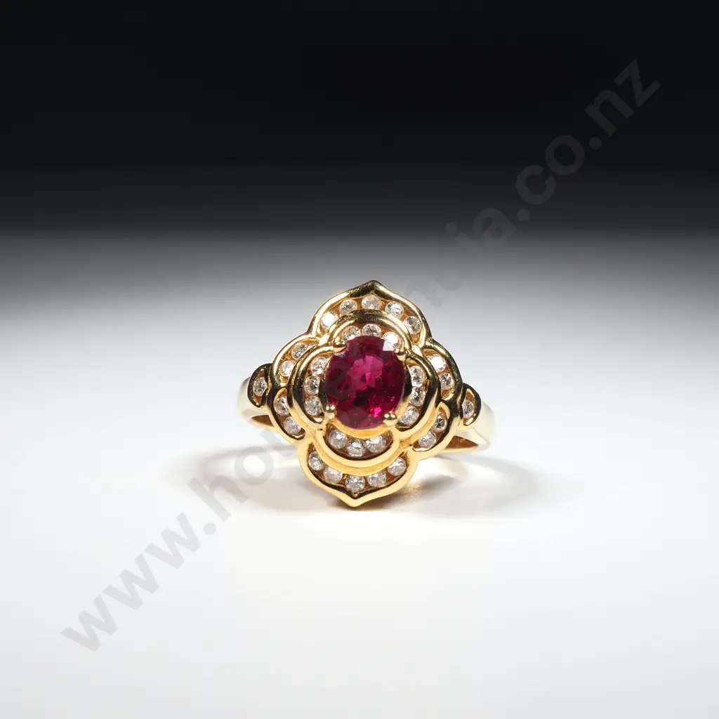 18ct Gold Ruby & Diamond Cluster Ring w Valuation $8,800.00 Image 1++