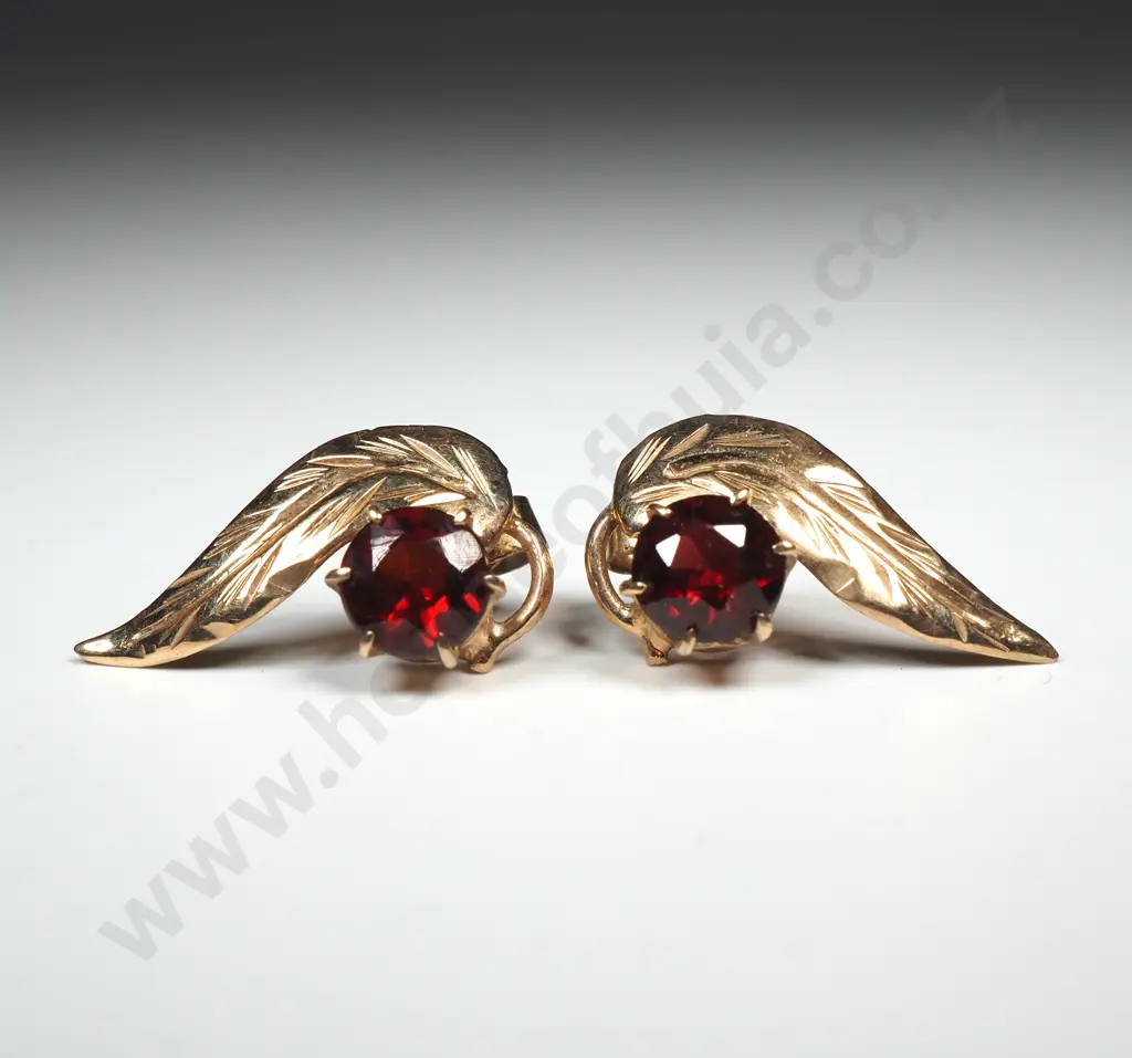 Pair of 9ct Gold & Red Stone Leaf Earrings Image 1++