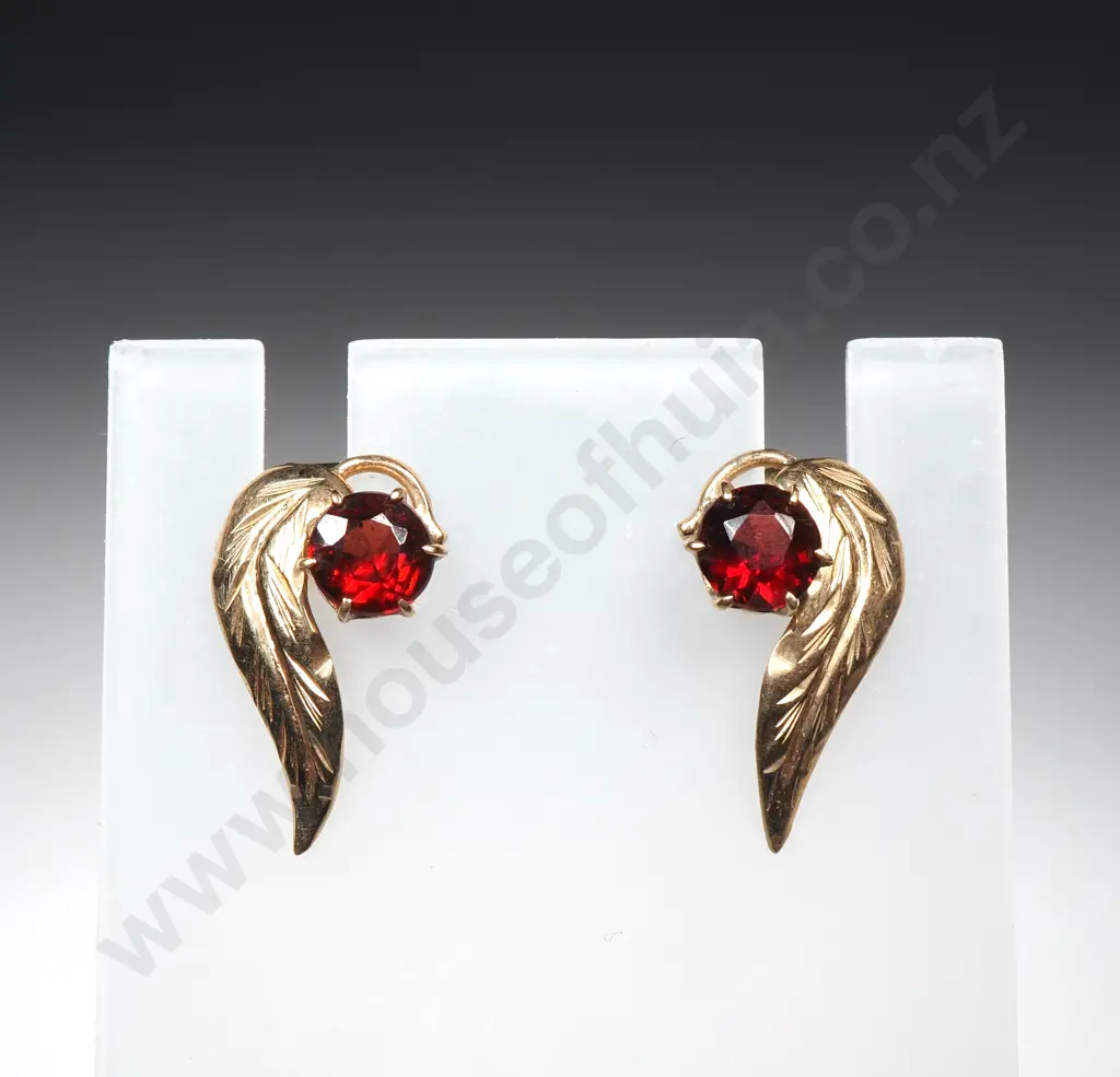 Pair of 9ct Gold & Red Stone Leaf Earrings Image 1++