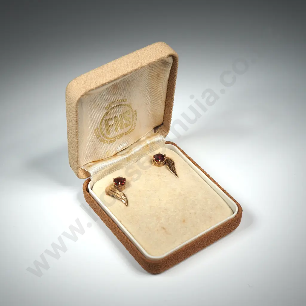 Pair of 9ct Gold & Red Stone Leaf Earrings Image 1++