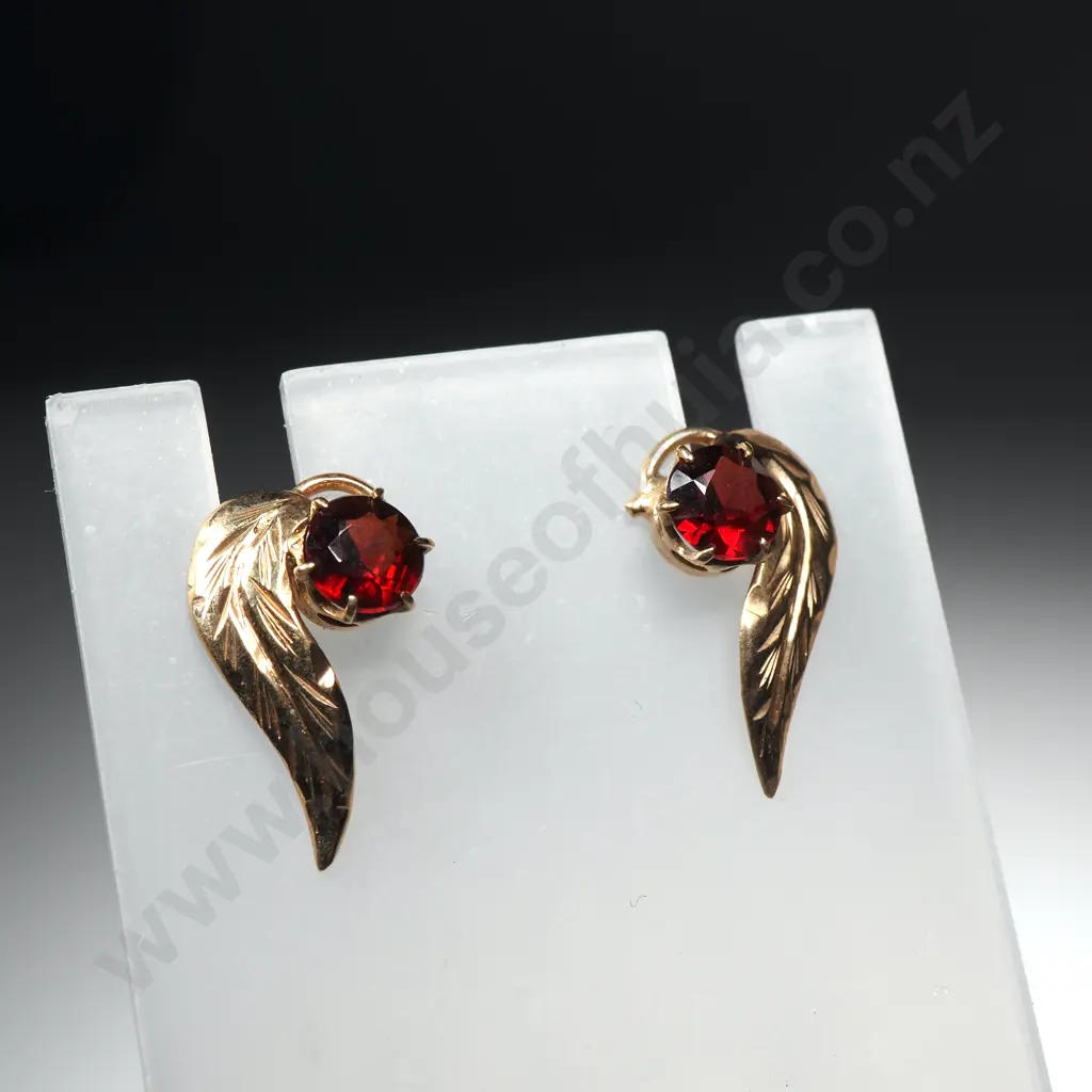 Pair of 9ct Gold & Red Stone Leaf Earrings Image 1++