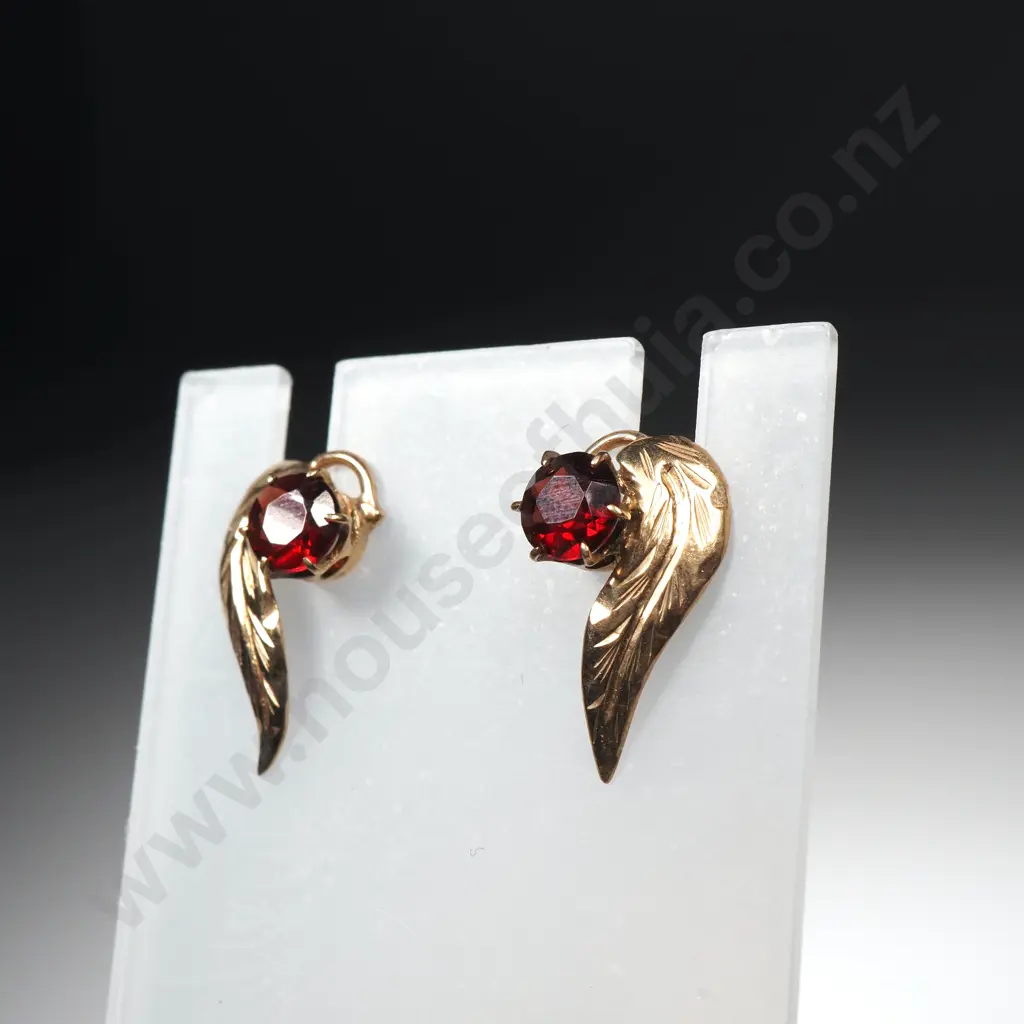 Pair of 9ct Gold & Red Stone Leaf Earrings Image 1++