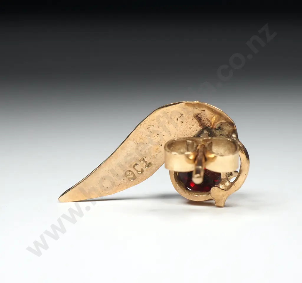 Pair of 9ct Gold & Red Stone Leaf Earrings Image 1++