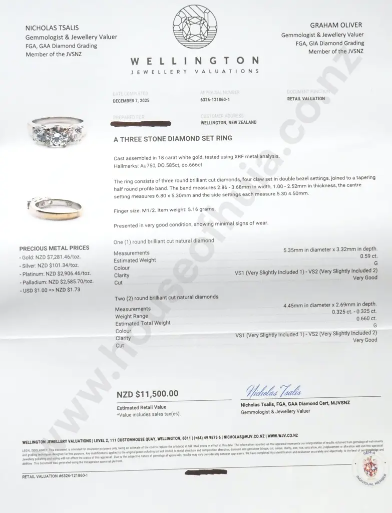 18ct White Gold Three Diamond Ring w Valuation $11,500.00 Image 1++