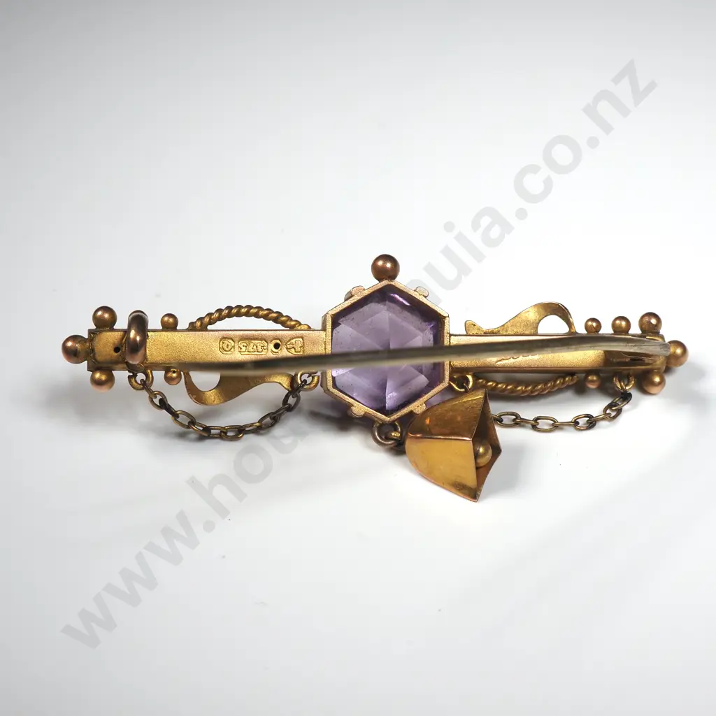 Antique 9ct Gold Purple Stone Brooch in Period Jewellers Box Image 1++