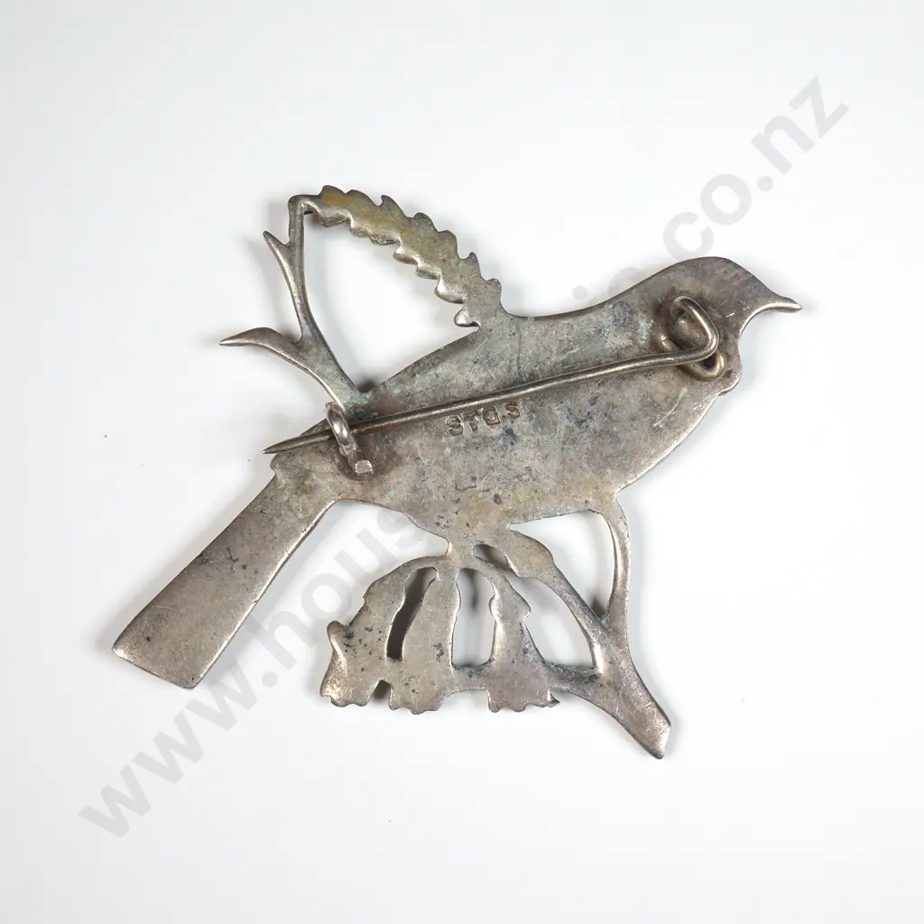 Vintage Sterling Silver Tui on Kowhai Brooch Image 1++