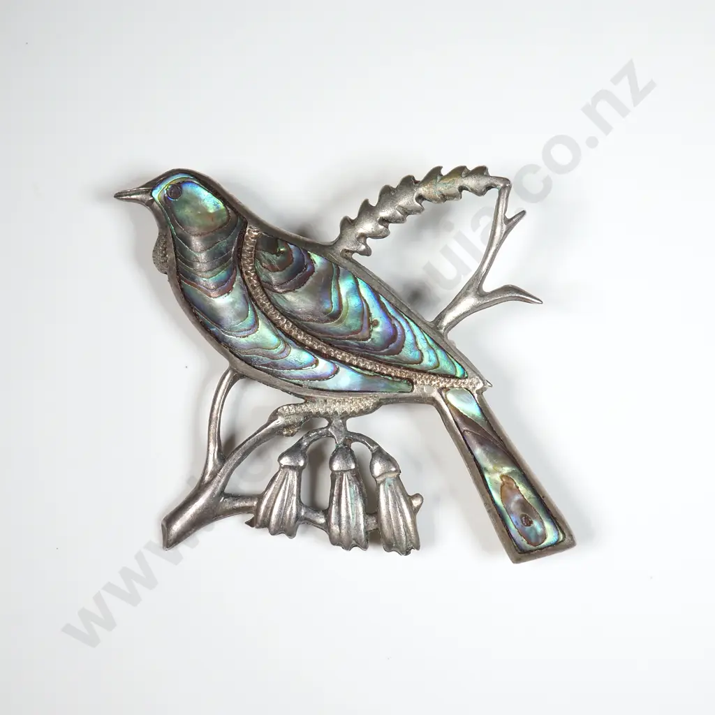 Vintage Sterling Silver Tui on Kowhai Brooch Image 1++