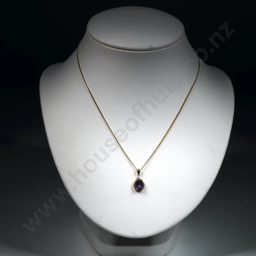 Modern 9ct Gold Amethyst & Diamond Set Pendant on Gold Plate Chain Image 1++