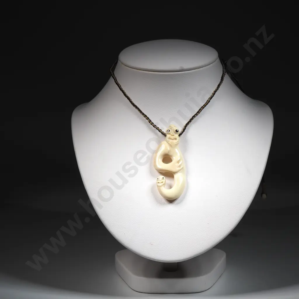Carved Bone Taniwha Pendant on Plaited Cord Image 1++