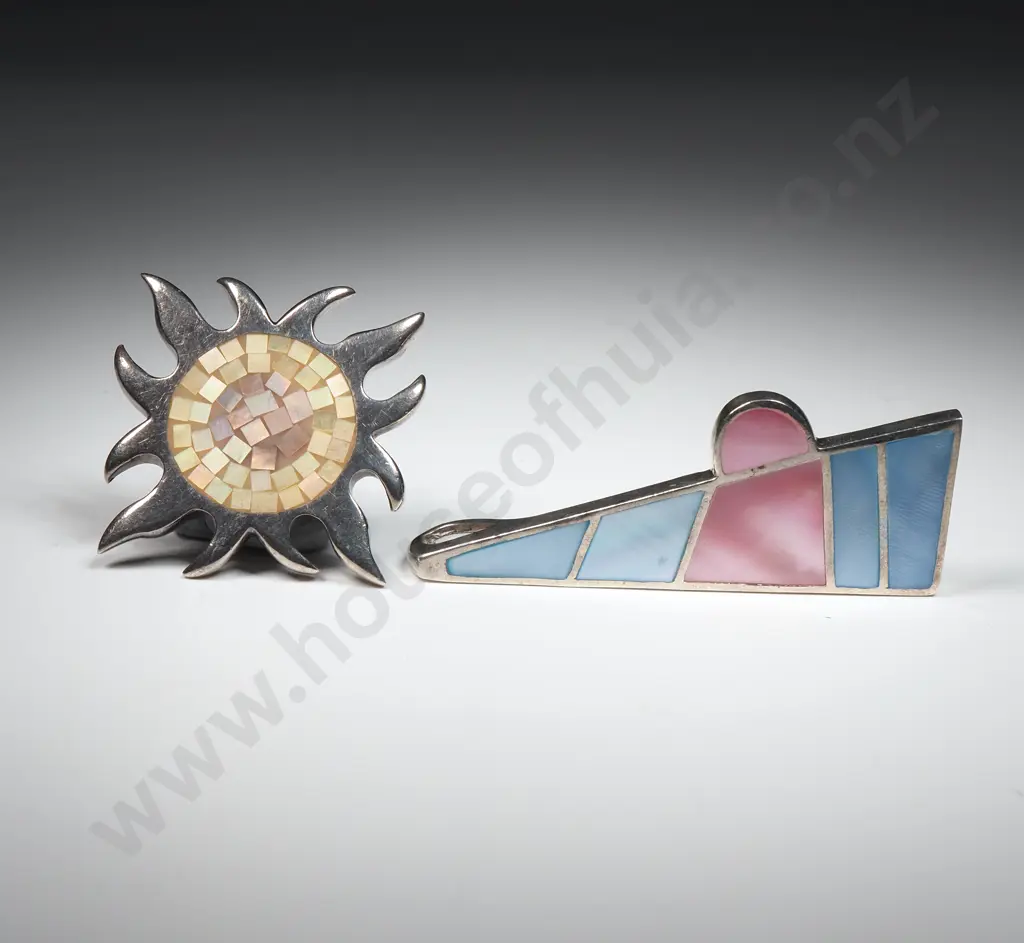 Sterling Silver Pendent w Pink/Blue Insets, & a Sterling Silver Brooch w Beige/Pink Toned Mosaic Inset Image 1++