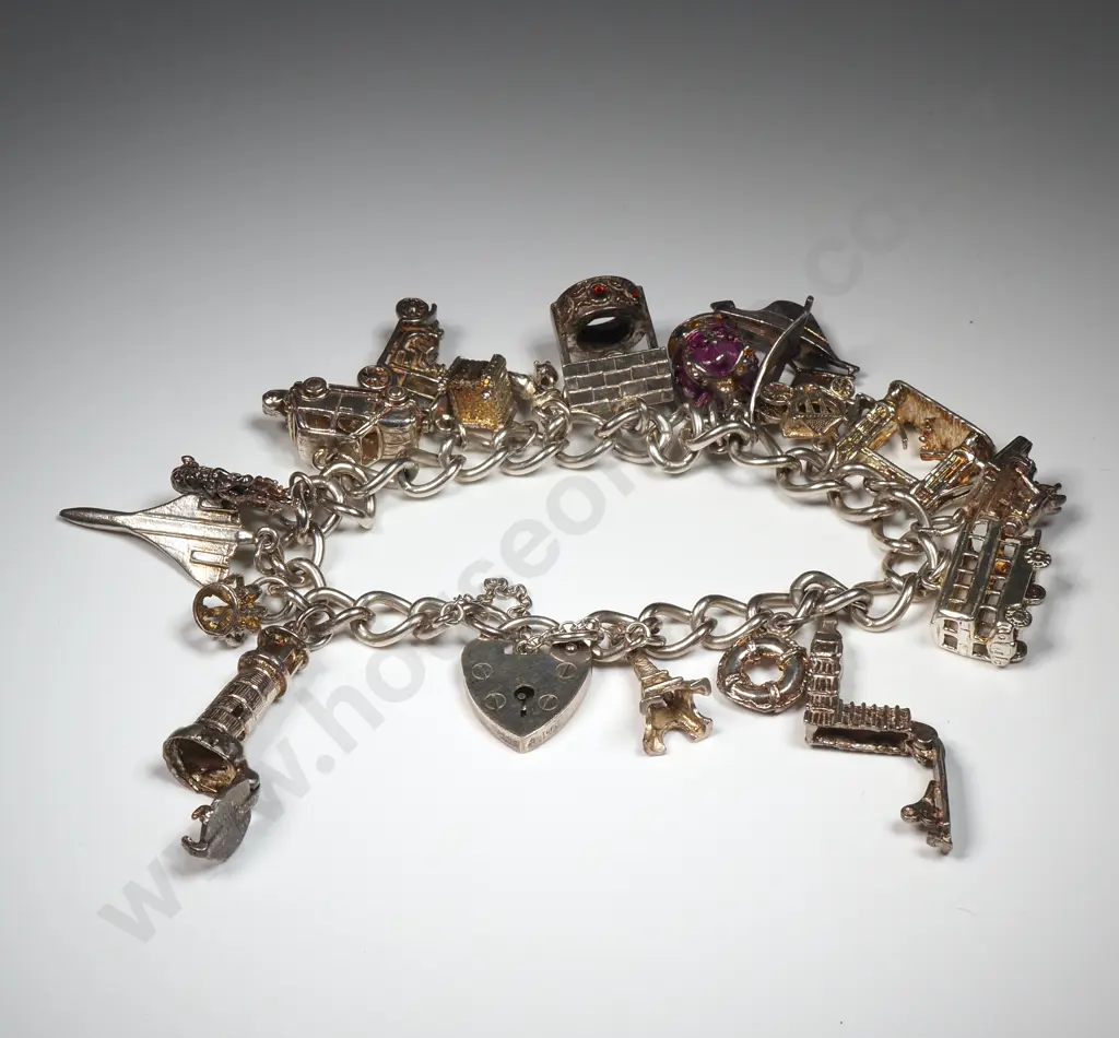 Sterling Silver Charm Bracelet w Excellent Charms Image 1++