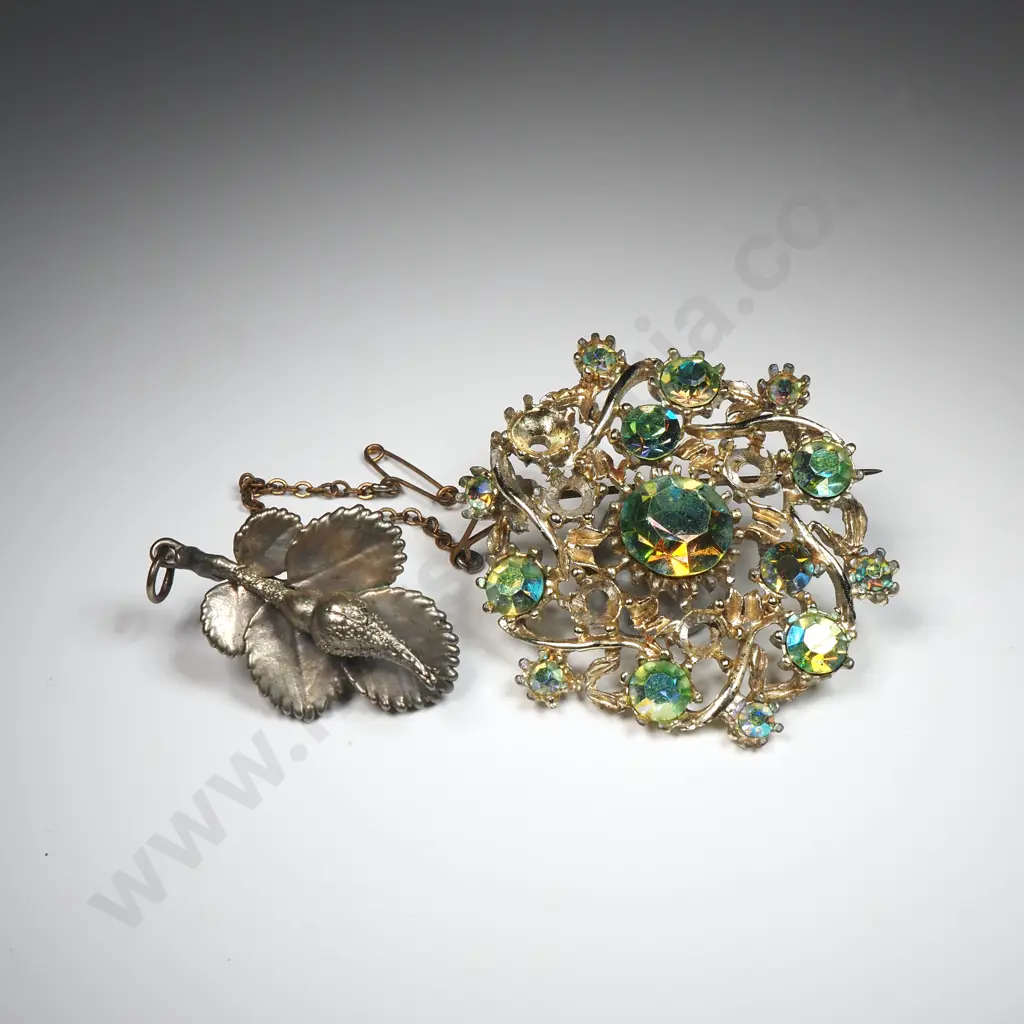 Vintage Rose Brooch, & Aurora Borealis Rhinestone Crystal Brooch w Missing Stones Image 1++