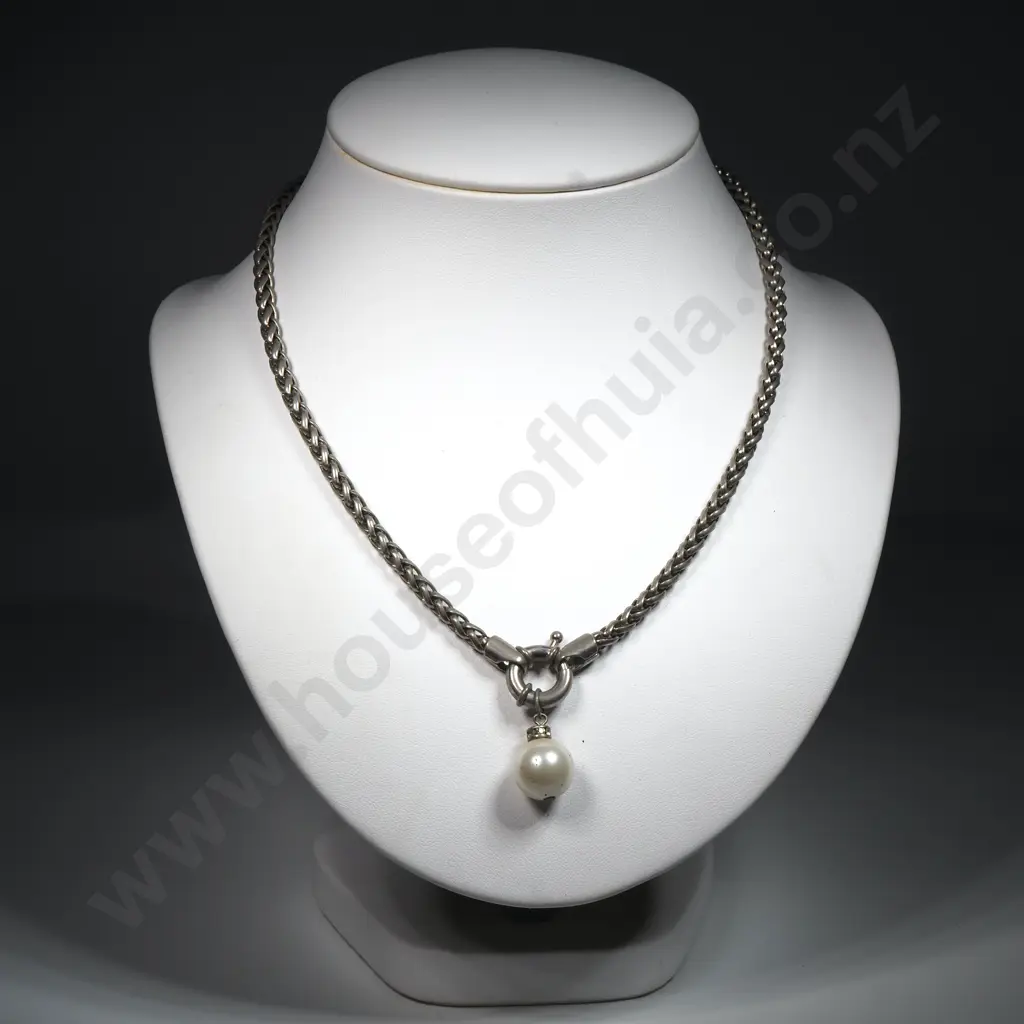 Silver Coloured Foxtail Chain w Pearl/Diamond Gem Style Pendant Image 1++