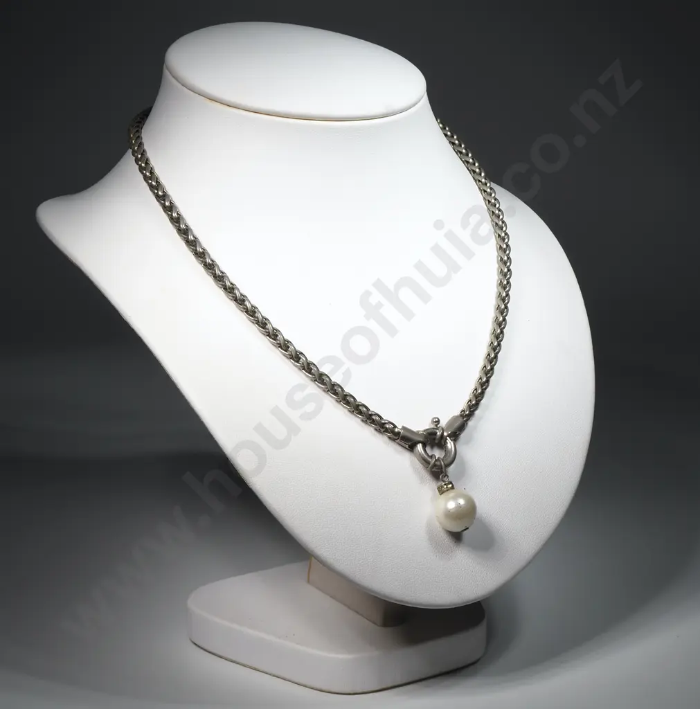 Silver Coloured Foxtail Chain w Pearl/Diamond Gem Style Pendant Image 1++