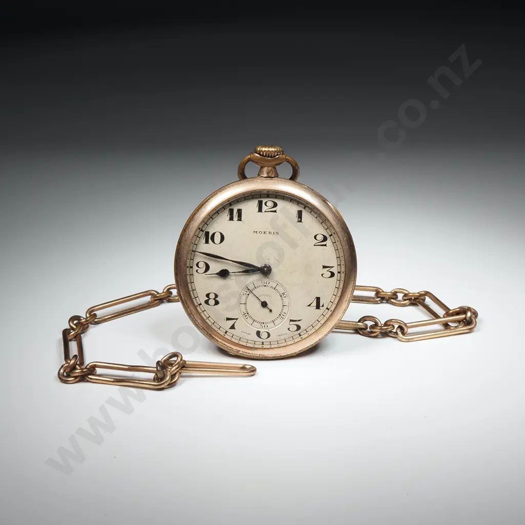 Antique Moeris Rolled Gold Pocket Watch w Rolled Gold Fob Chain Image 1++