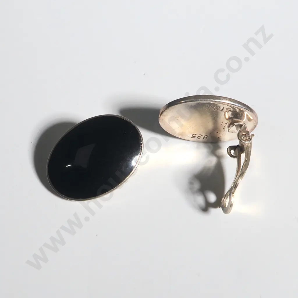 Pair of  Onyx & Sterling Silver Oval Clip-On Earrings Image 1++
