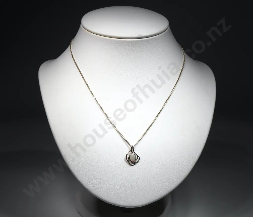 Silver Chain Stamped '18KSP' & Sterling Silver Pendant w Possibly Opal Gem Image 1++