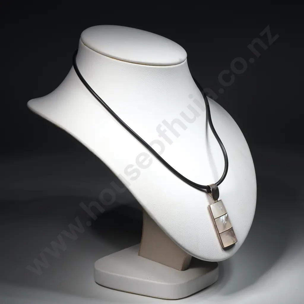 Sterling Silver & Mother of Pearl Pendant w Black Rubber Cord Image 1++