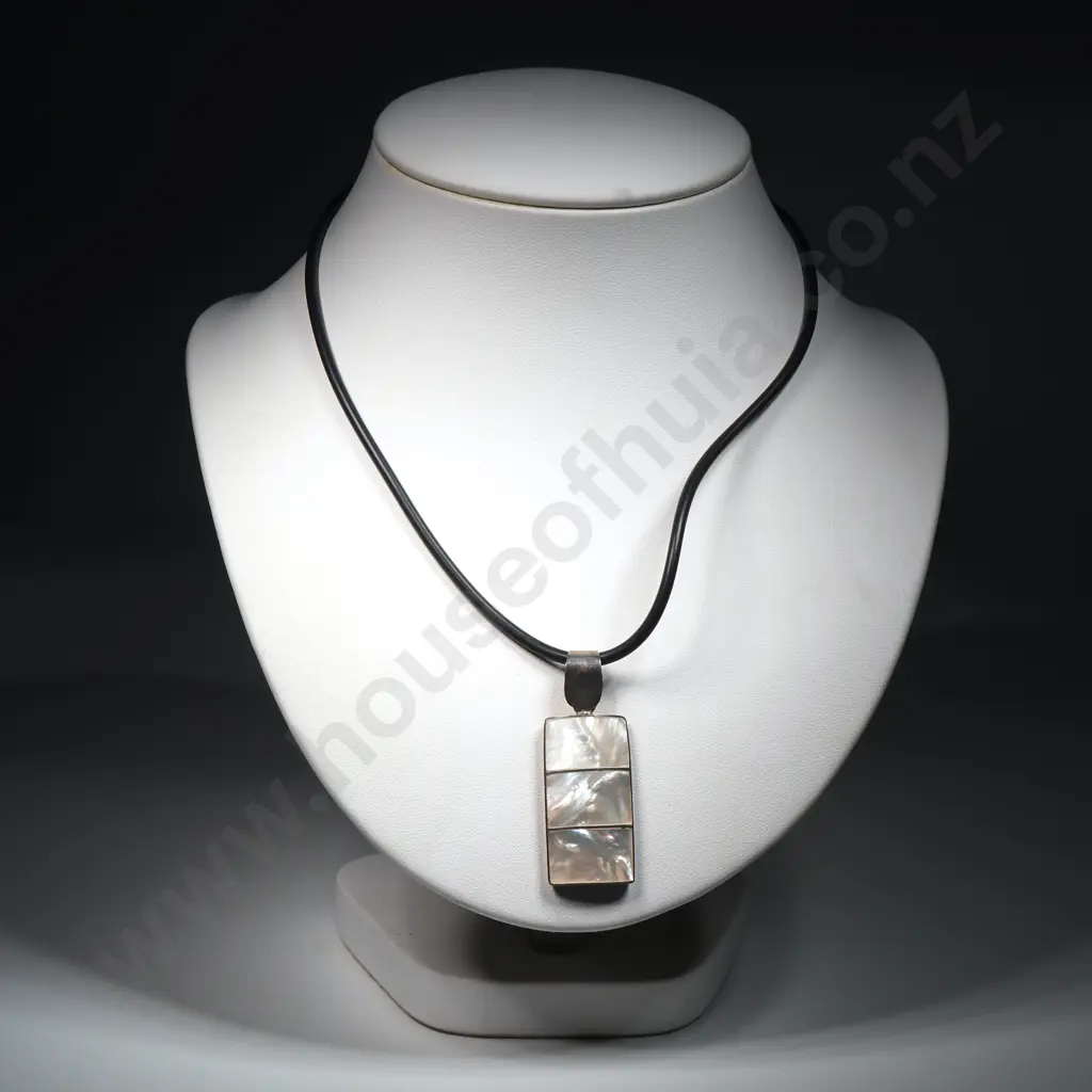 Sterling Silver & Mother of Pearl Pendant w Black Rubber Cord Image 1++