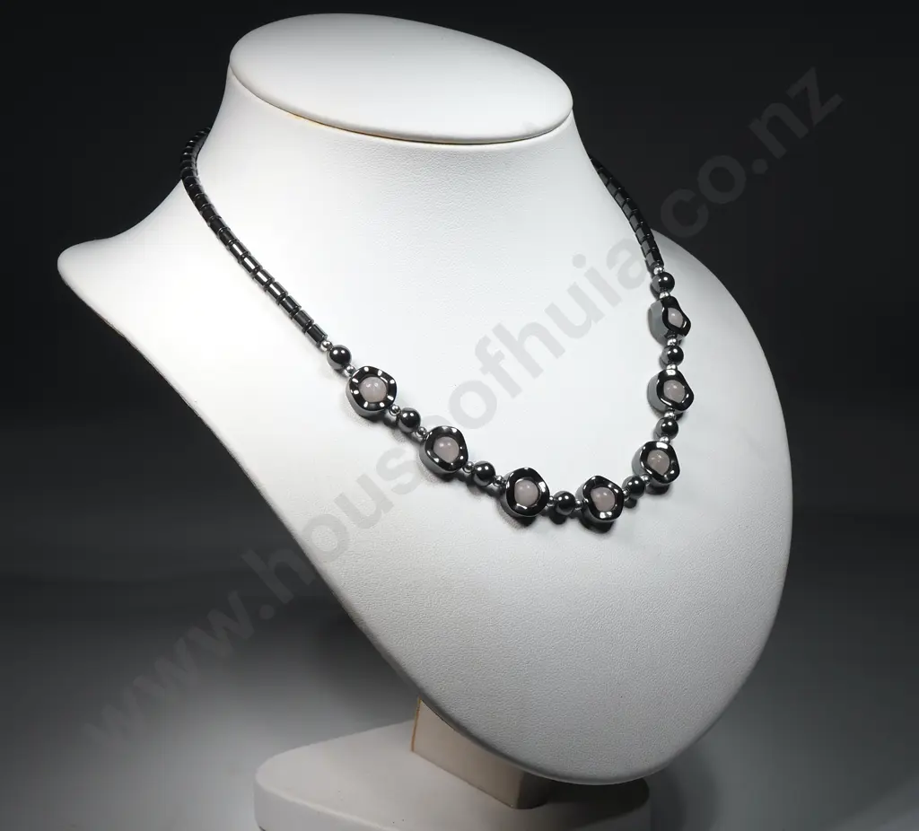 Hermitite Necklace w Rose Quartz  & Silver Coloured Beads, & Screw Clasp Image 1++