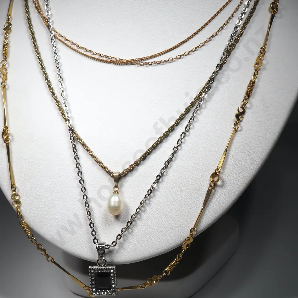 Four Gold Toned Chains, One w Costume Pearl Pendant Image 1++