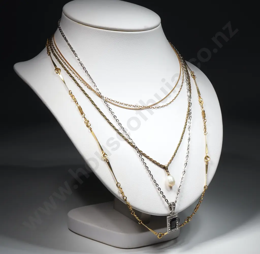 Four Gold Toned Chains, One w Costume Pearl Pendant Image 1++
