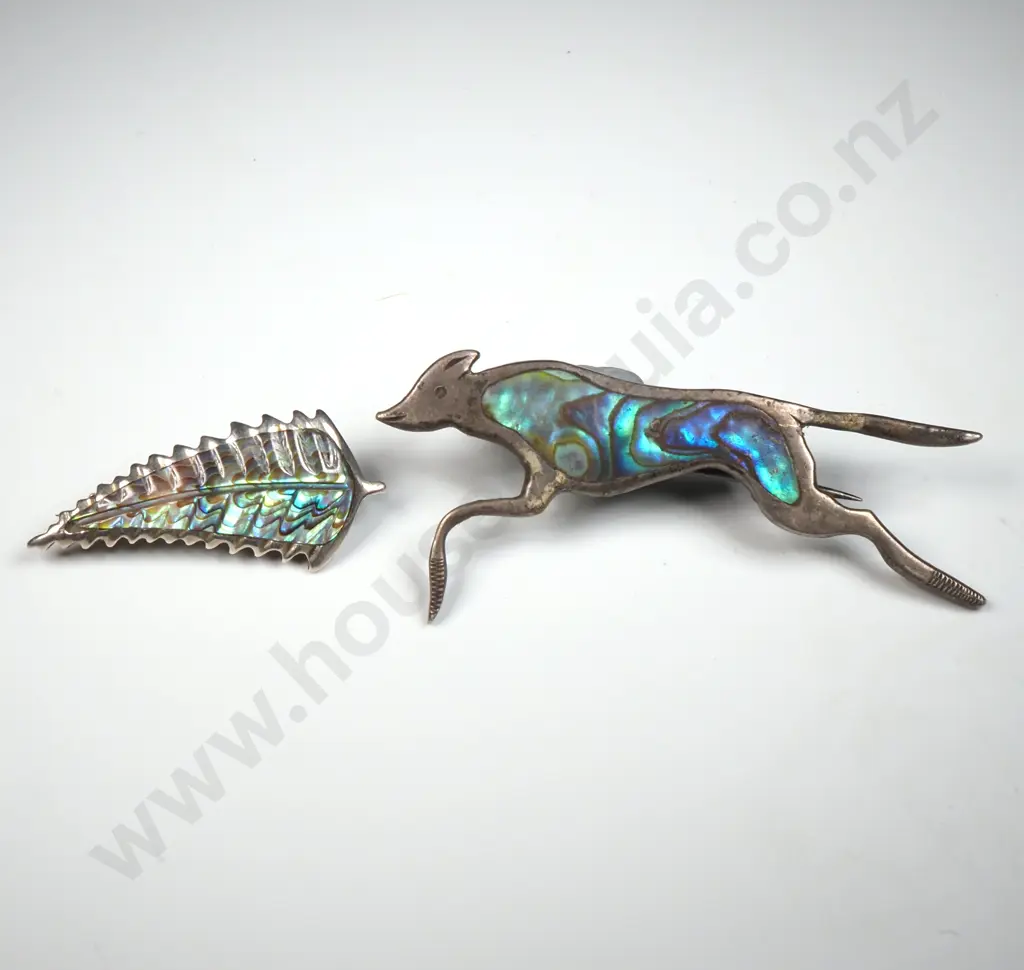 Two Sterling Silver Paua New Zealand Brooches - Fern & Dog Image 1++