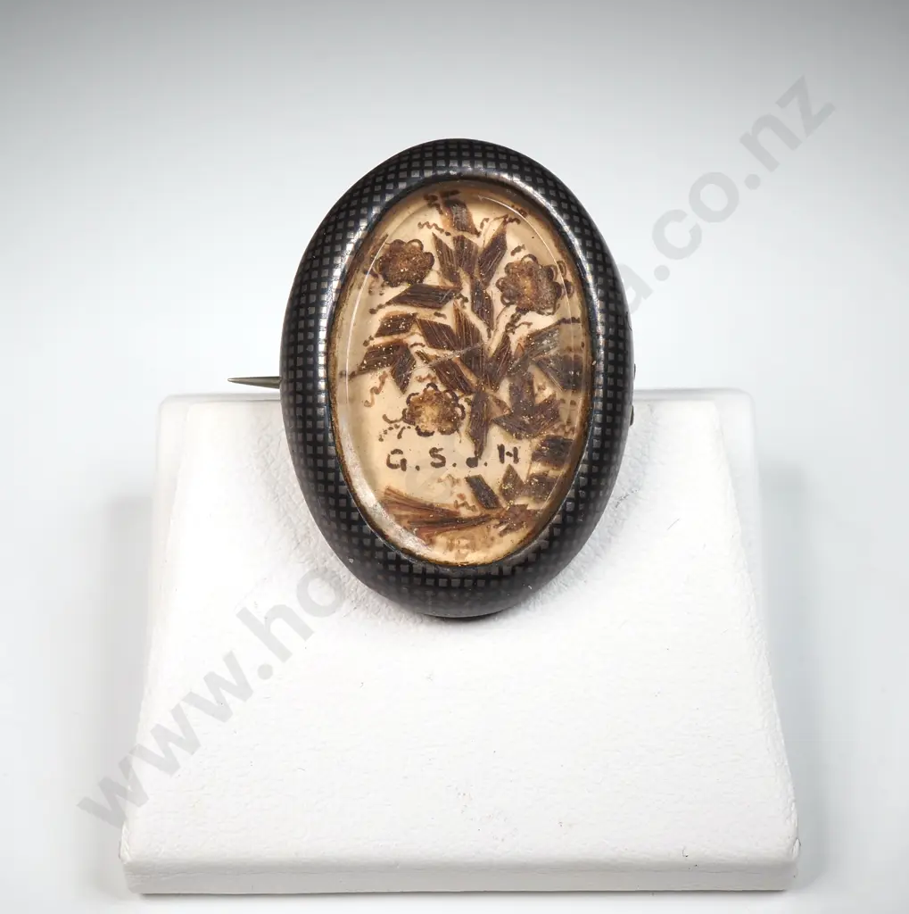 Antique Silver Mourning Brooch w Oxidised External Detail Image 1++