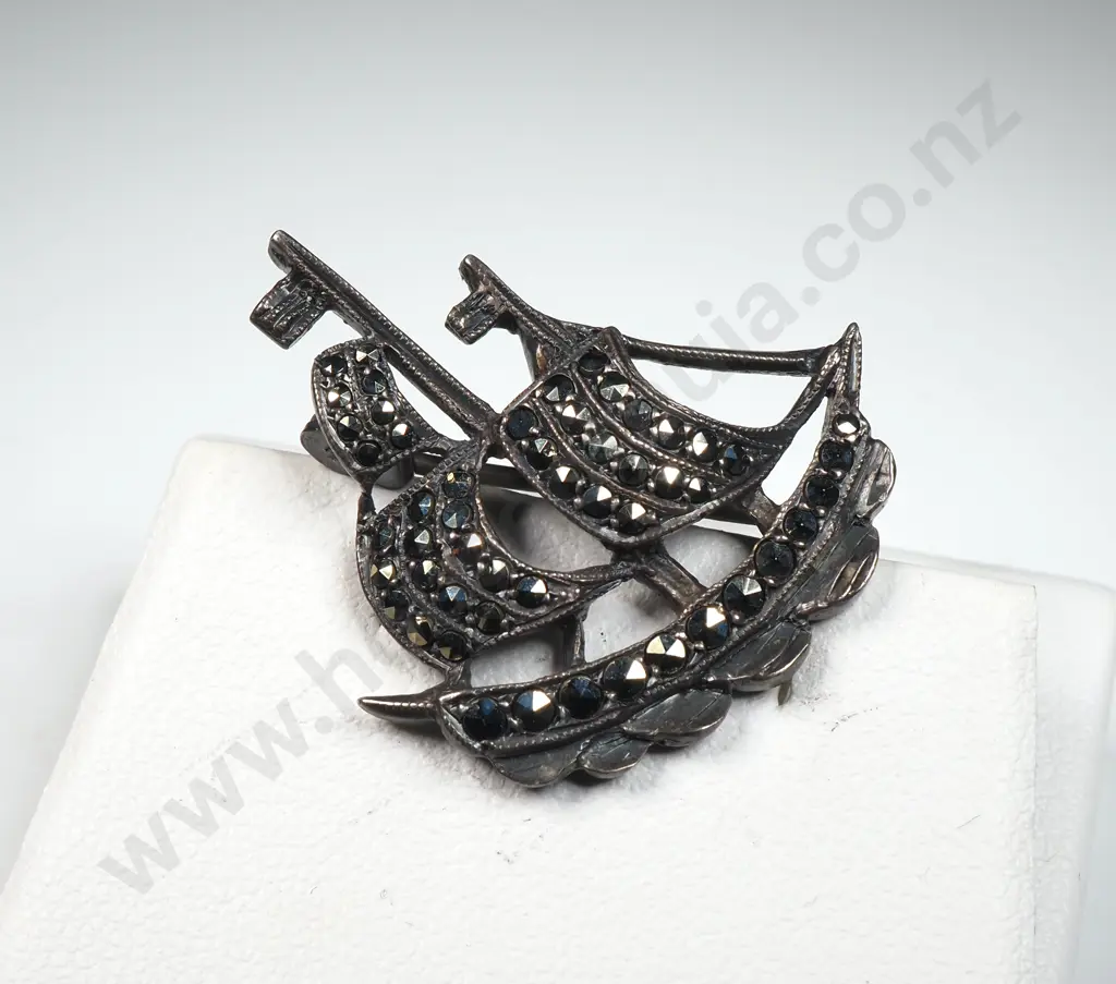 Sterling Silver Marcasite Ship Brooch Image 1++