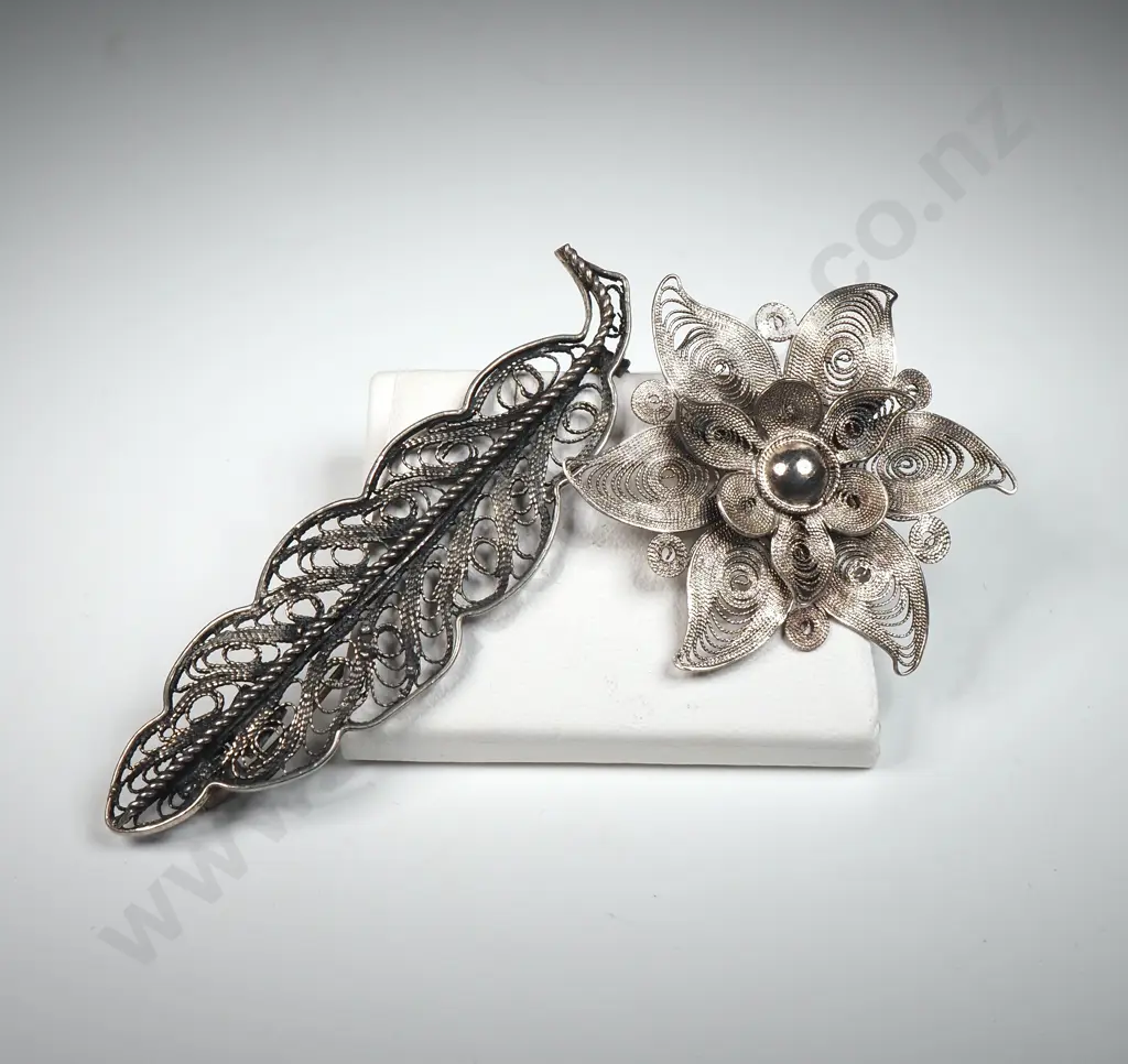 Two Filagree Brooches - Flower and Leaf  Motifs Image 1++