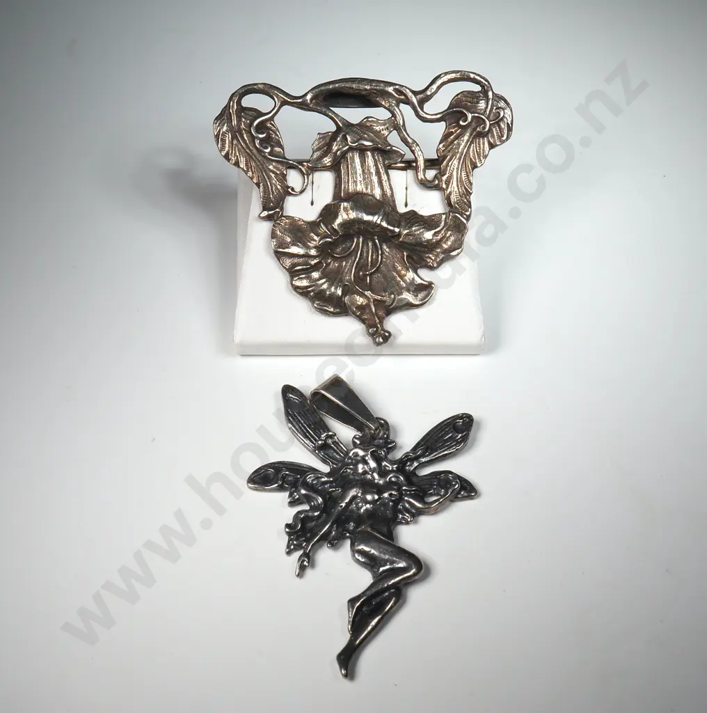 An Art Nouveau Style Sterling Silver Brooch & Pendent - Lily w Leaves and Angel Motifs Image 1++