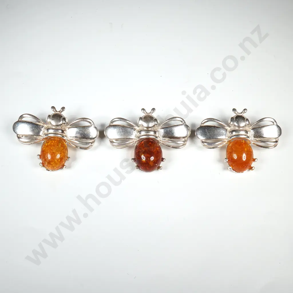 Three Silver Bee & Amber Brooches Image 1++