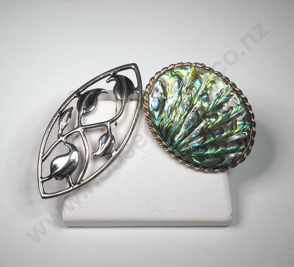 Oval Sterling Silver Paua Shell Brooch With Fan Decoration & Sterling Silver Openwork Brooch With Leaf Detail Image 1++