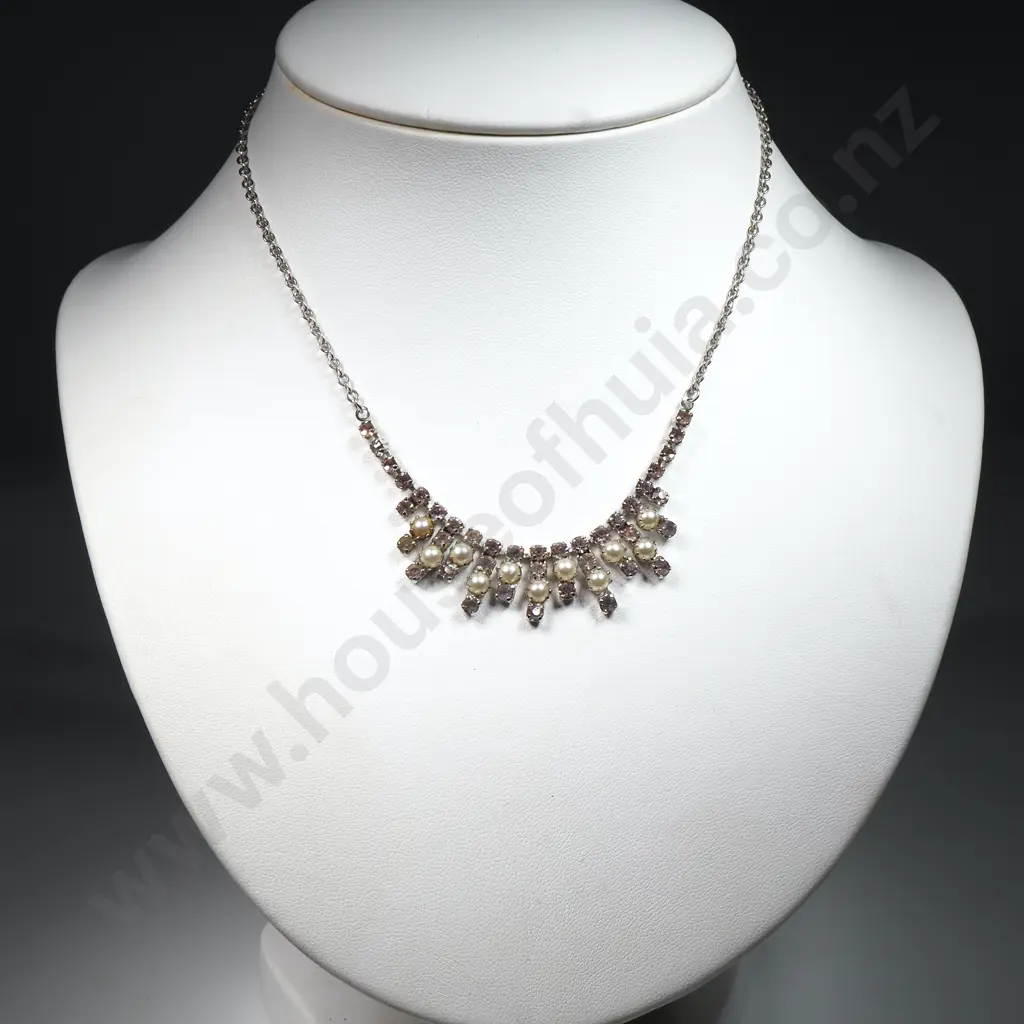 Costume Silver Coloured & Pink Gem/Pearl Style Necklace. Image 1++