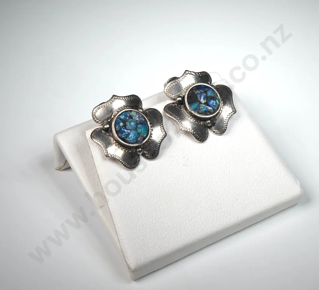 Vintage Sterling Silver Scandia Earrings w Opal Chips - 1950's Image 1++