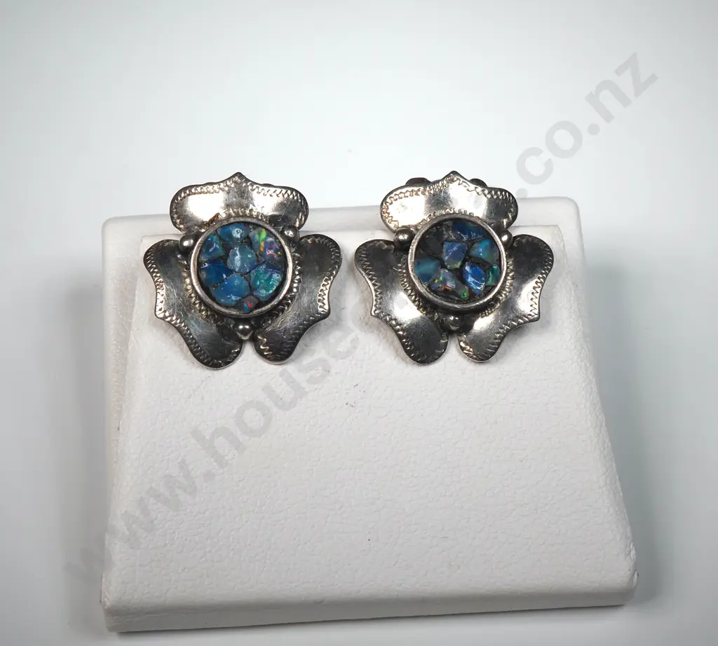 Vintage Sterling Silver Scandia Earrings w Opal Chips - 1950's Image 1++