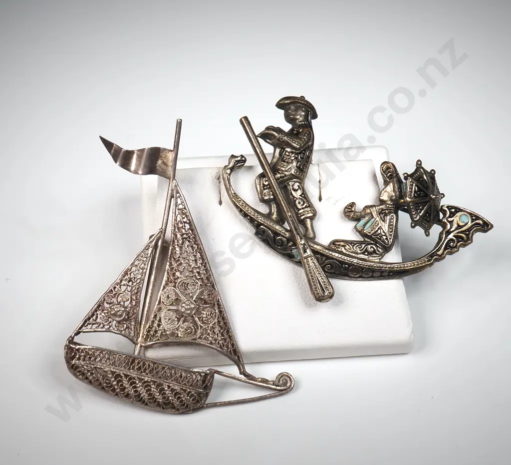 Sterling Silver Filigree Yacht Brooch & Gondola Brooch With Enamel HIghlights Image 1++