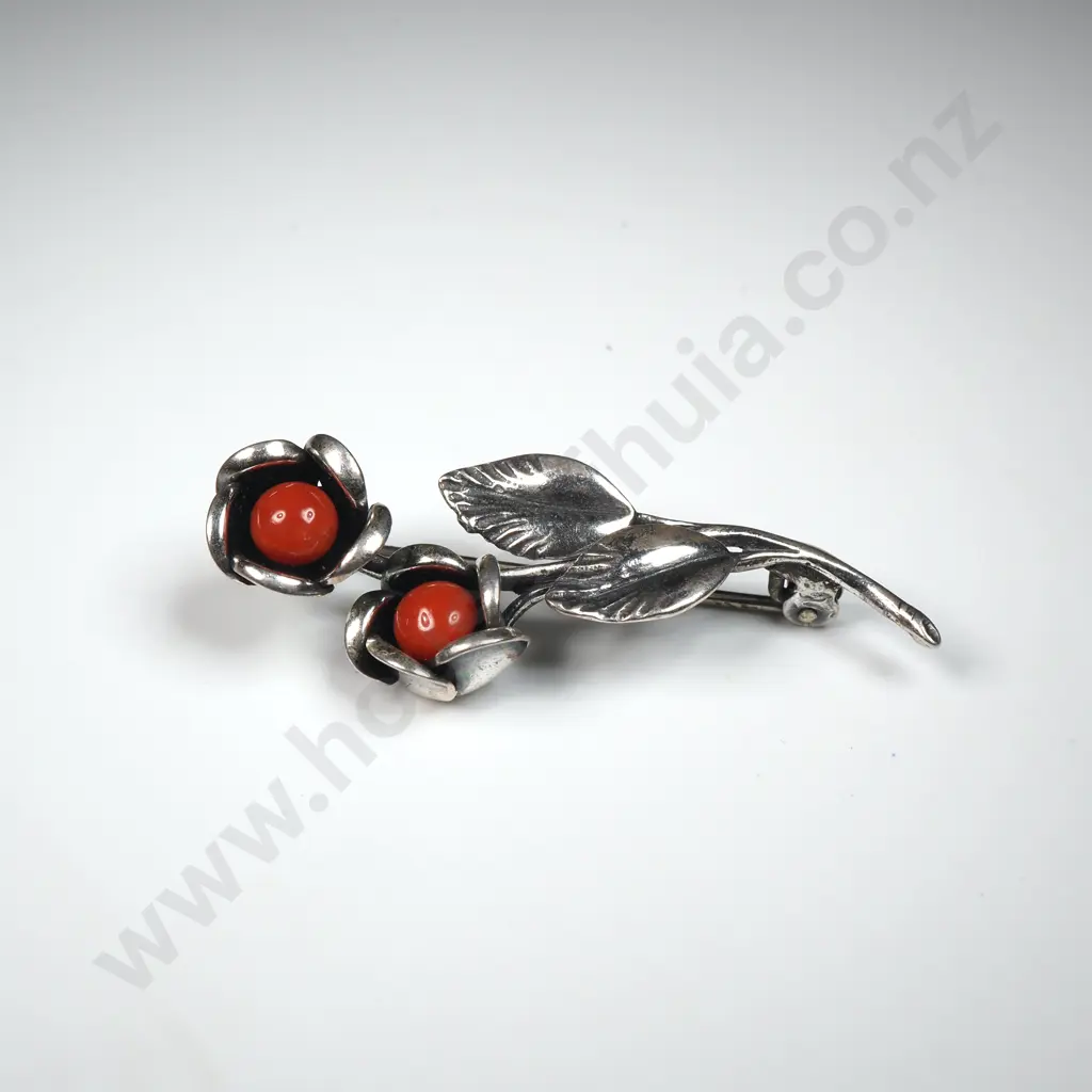 Sterling Silver Coral Flower Brooch Image 1++