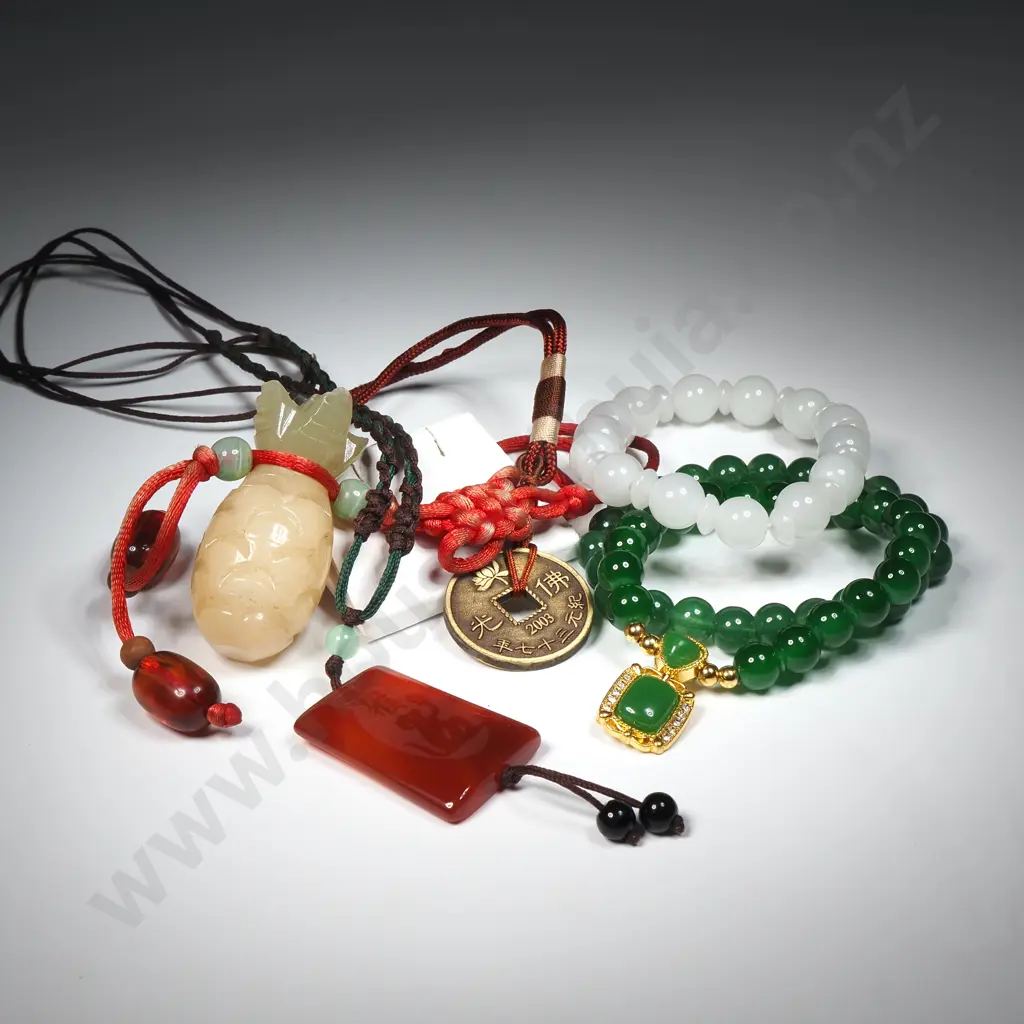 Three Chinese Amulets w Rope Ties.  Three Jade Style Expandable Bracelets Image 1++