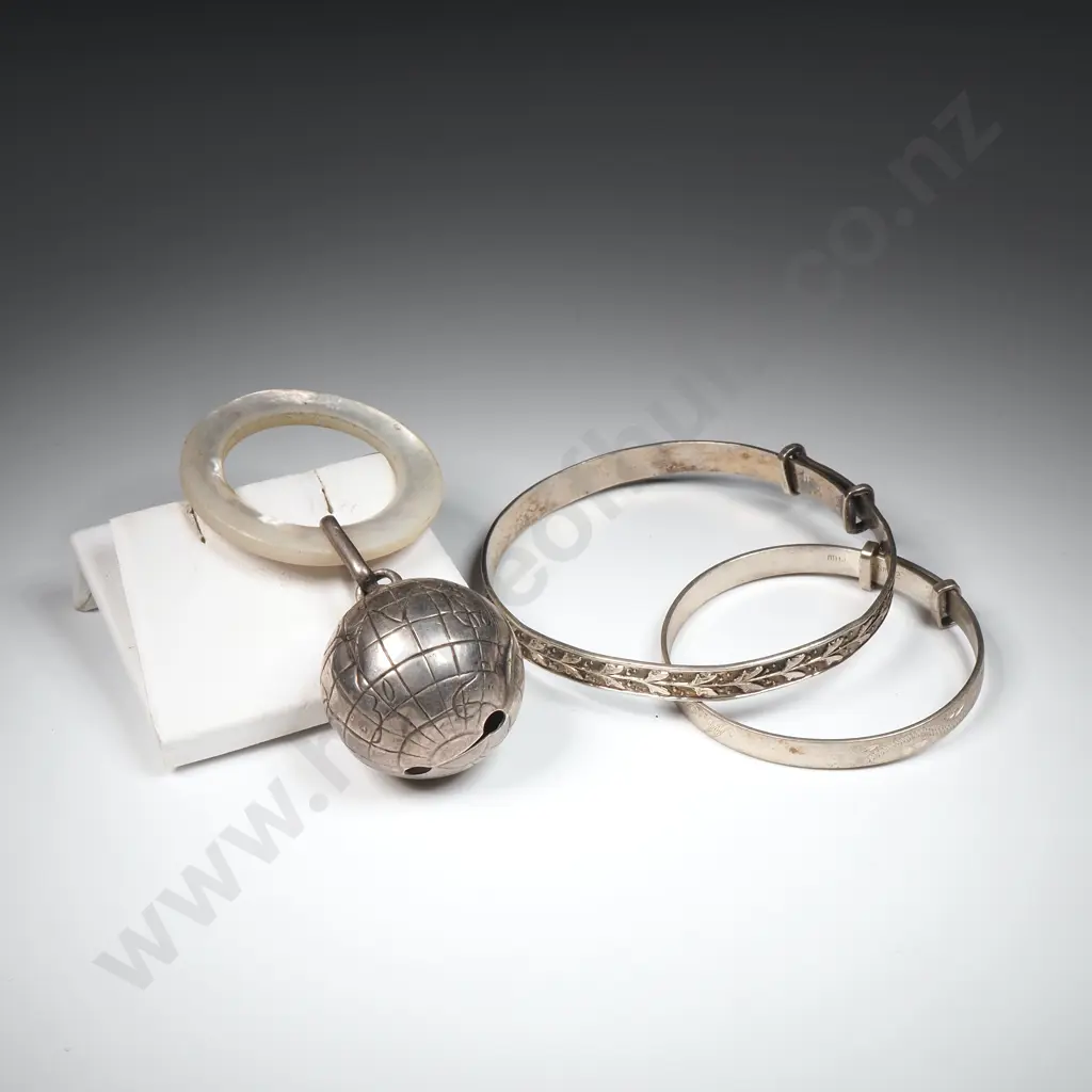 Two Sterling Silver Babies Bracelets & Rattle Image 1++