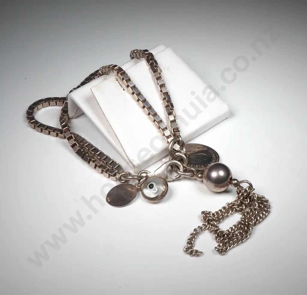 Sterling Silver Box Link Bracelet w Attached Charms & Aussie 50% Silver Coin Image 1++