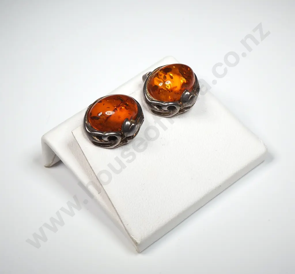 Vintage Sterling Silver Amber Earrings Image 1++