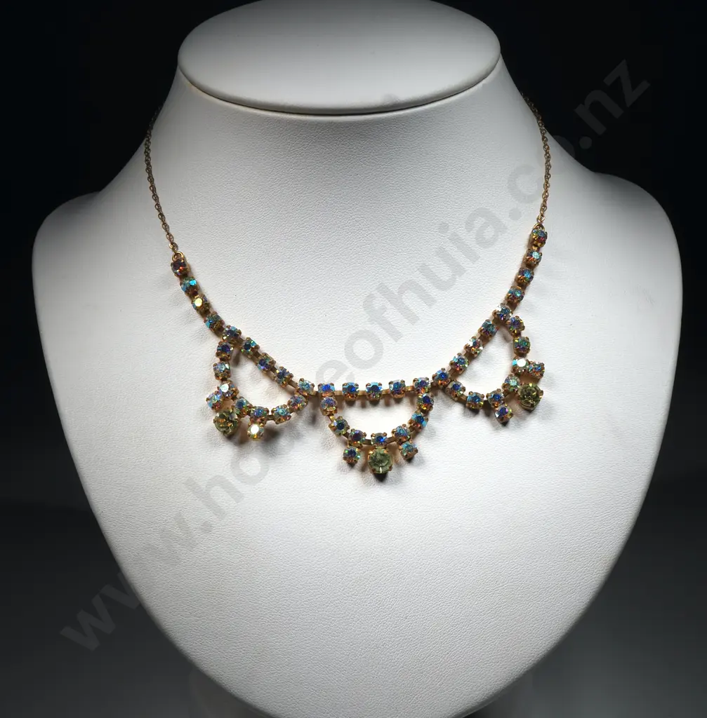 Vintage Aurora Borealis Rhinestone Necklace w Yellow Centre Stones & Gold Coloured Side Chains.. Image 1++