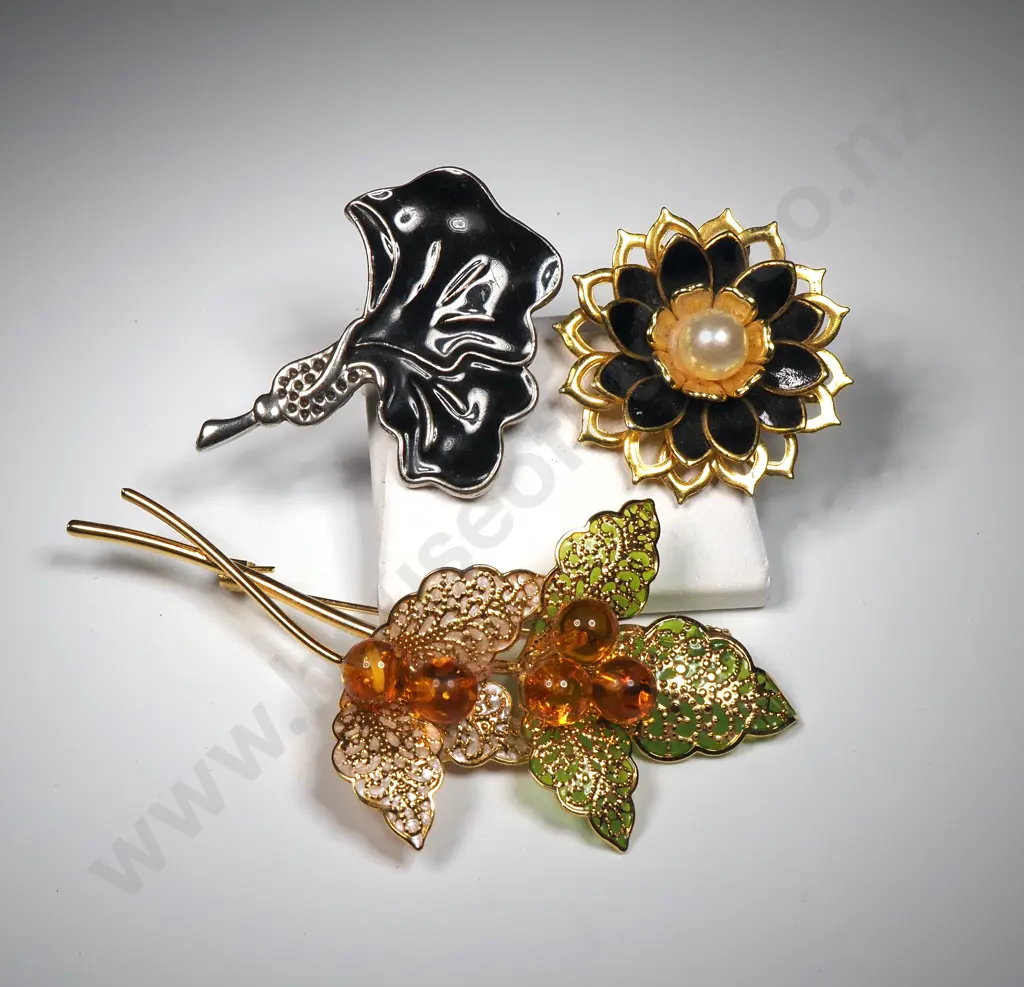 Three Costume Brooches - Black/Gold/Silver Tones & Filigree. Image 1++