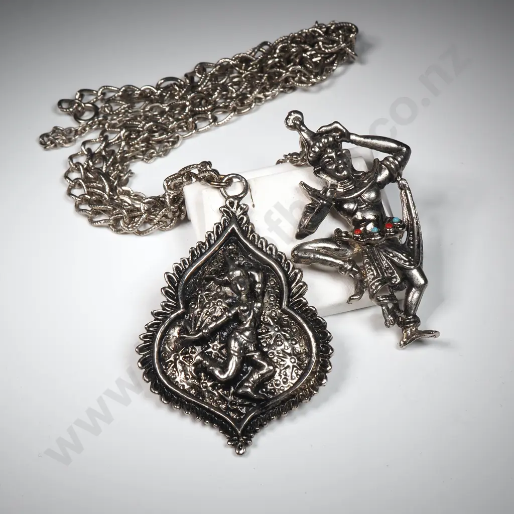 Two Silver Asian Themed Pendants w Chains. Image 1++