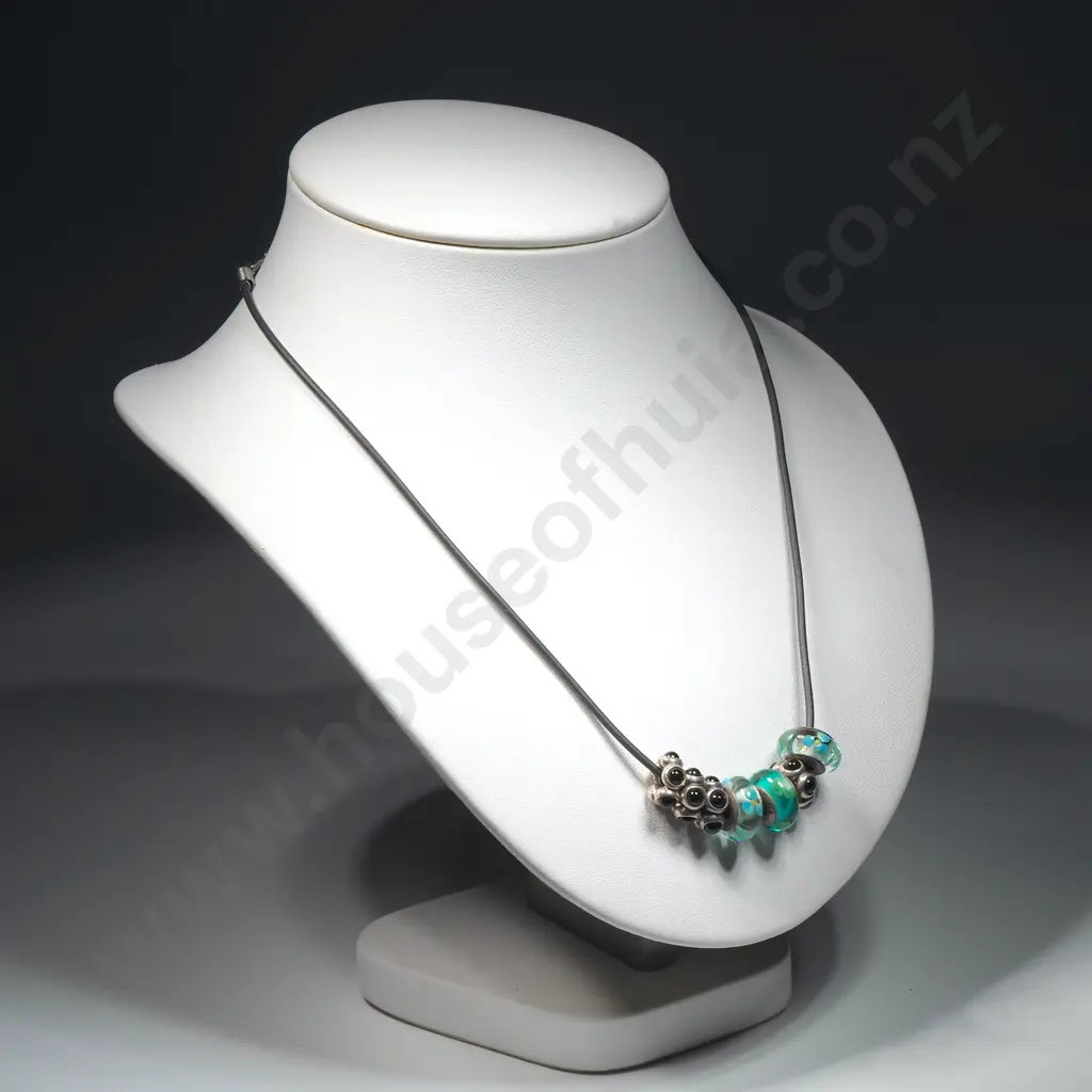 Charm Necklace On Leather Strap With Three Glass & Silver Charms & Four Onyx & Silver Image 1++