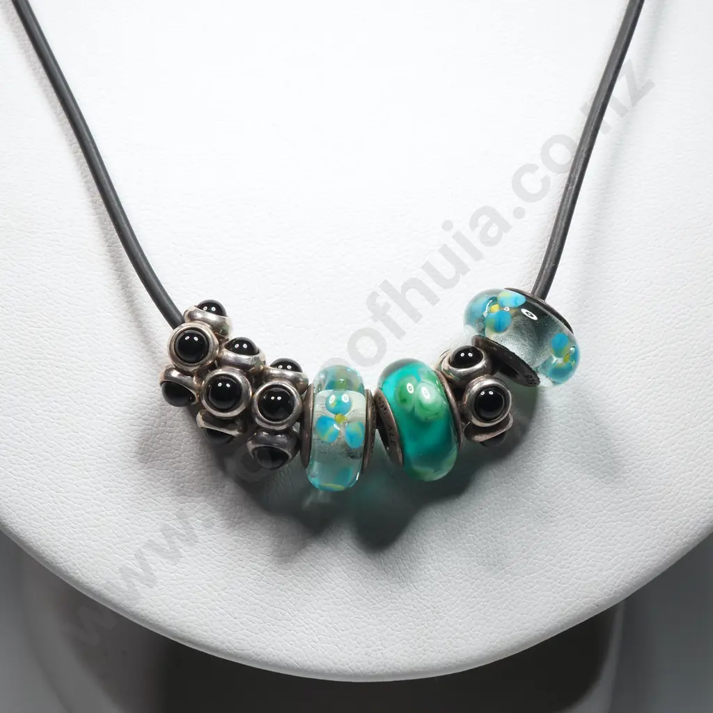 Charm Necklace On Leather Strap With Three Glass & Silver Charms & Four Onyx & Silver Image 1++