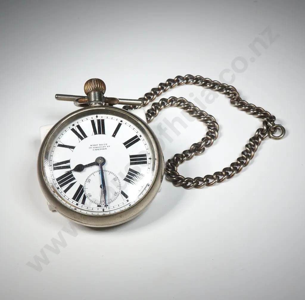 Open Faced Pocket Watch by Wolf Bros Capetown on Base Metal Fob Chain Image 1++