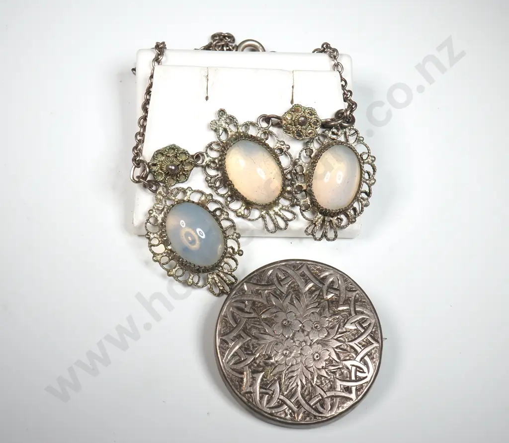 Moonstone & Silver Filgree Choker Necklace & Silver Tone Engraved Brooch  Image 1++